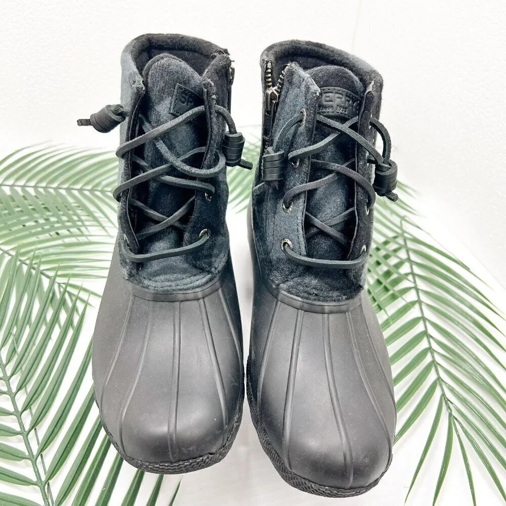 Sperry Saltwater Women’s Check Black Side Zip Lace UP Duck Boots Size 6 NWOB